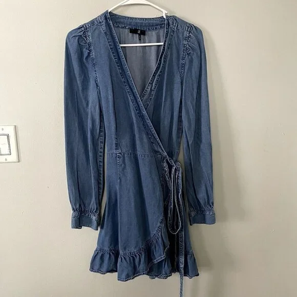 Paige denim long sleeved dress wraparound style v-neck tie waist casual dress - Picture 1 of 7